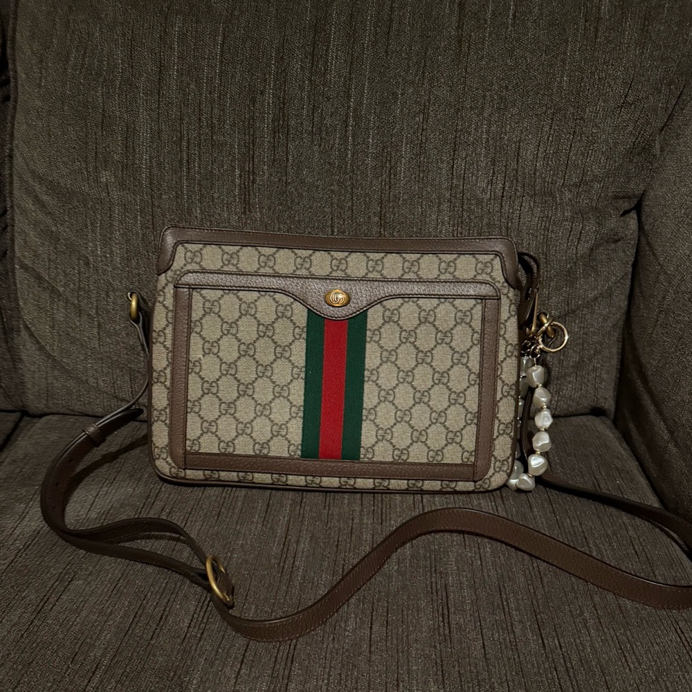 Gucci Beige and Brown Crossbody Bag with Signature Stripe